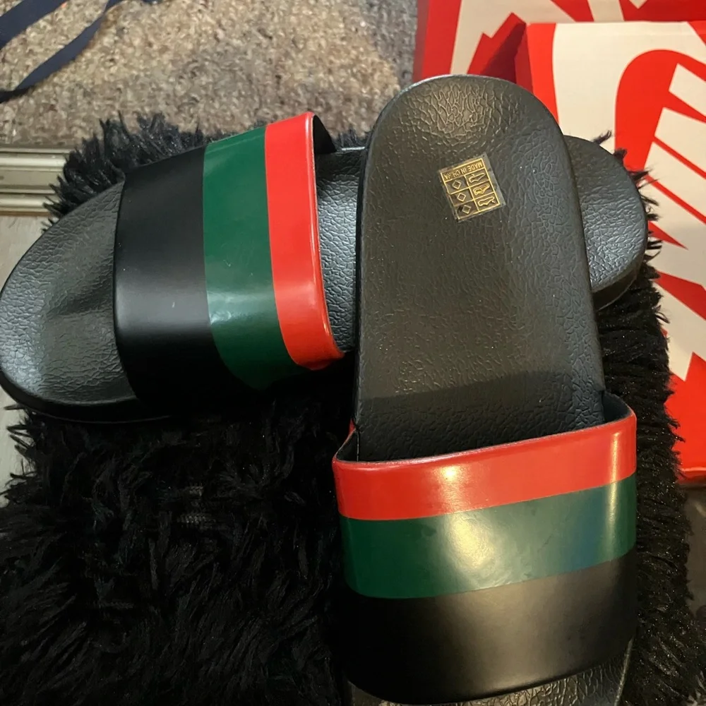 SHEIN Black Slide Sandals with Red and Green Stripes - Picture 6 of 7